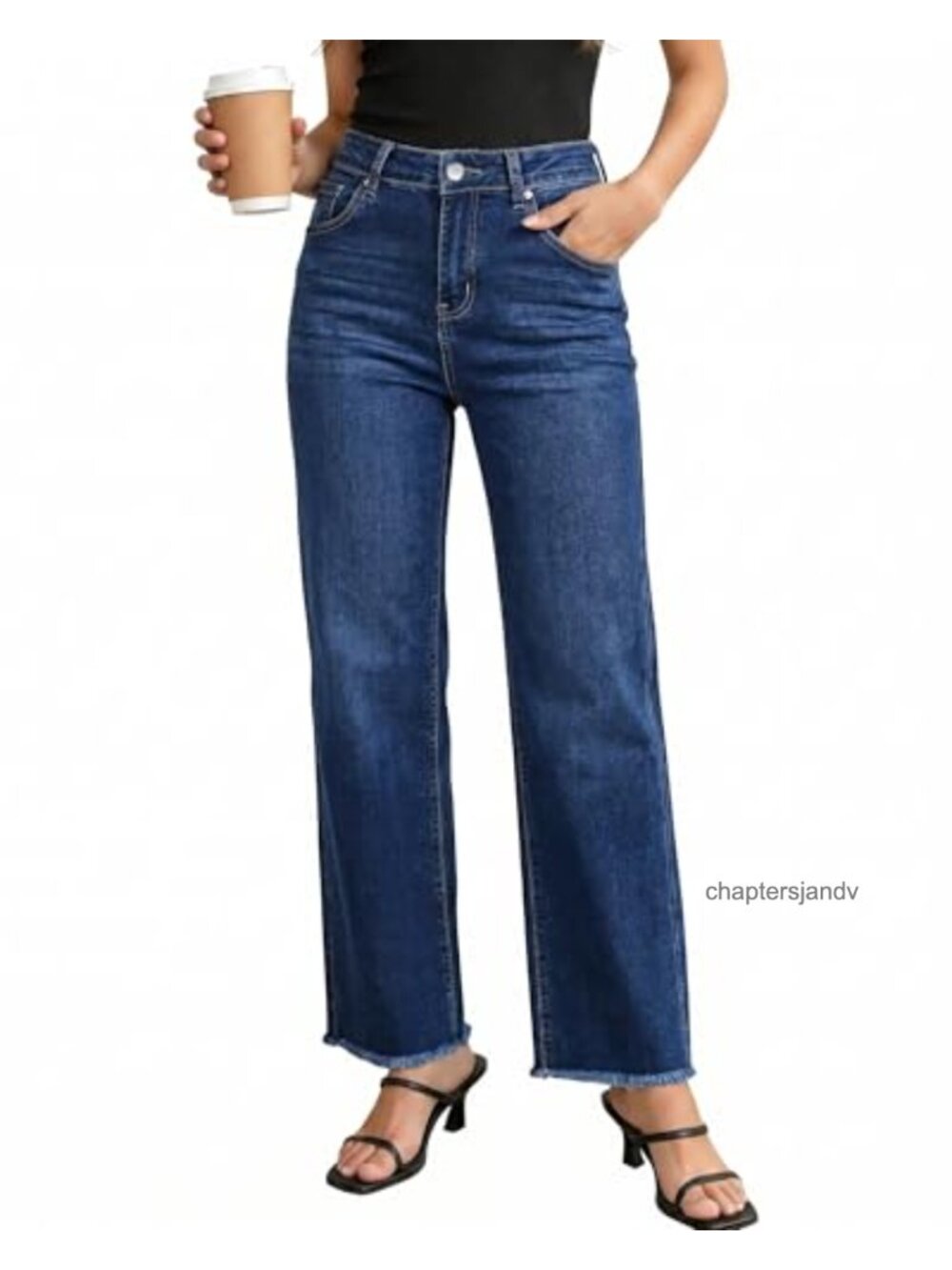 High Waisted Stretchy Straight Leg Jeans Frayed Raw Hem Denim Pants